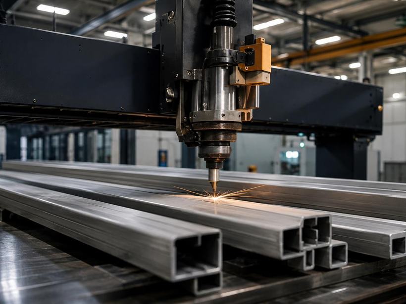CNC machine cutting aluminium profiles in a fabrication facility