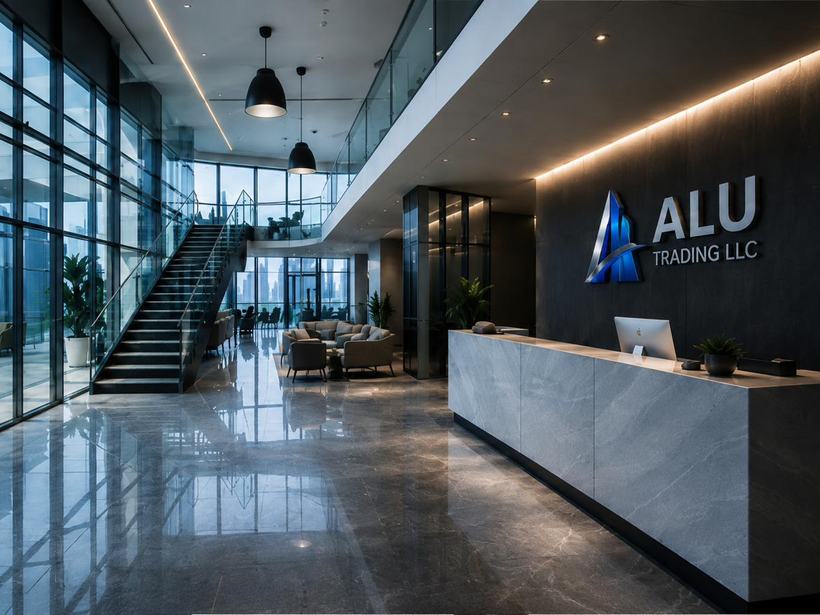 Corporate lobby with glazing, feature stair and reception desk