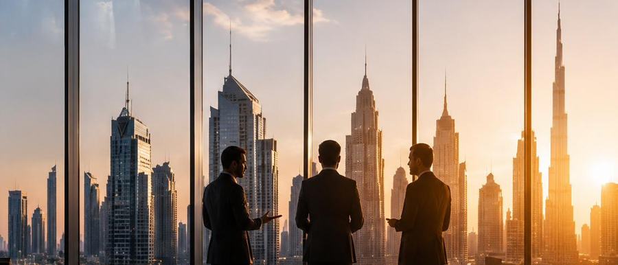 Executive team reviewing a project against the Dubai skyline