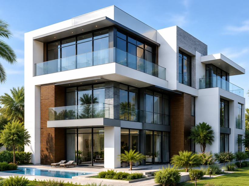 Residential villa with large glazed openings and glass balustrades